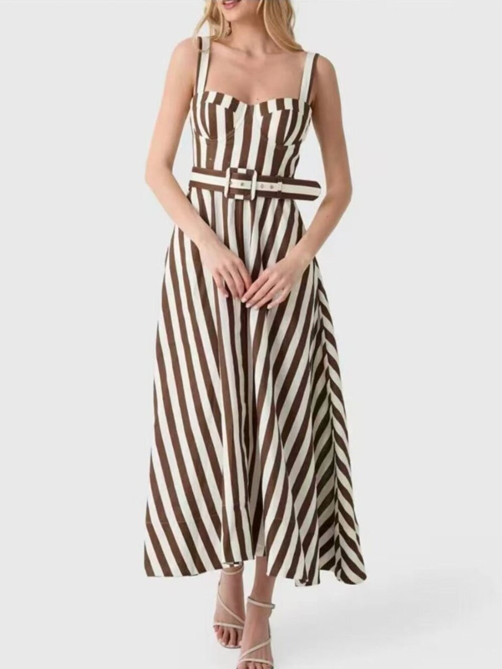 NWT Cara Cara NYC Calypso Midi Dress - Brown Ivory Stripe Linen Party